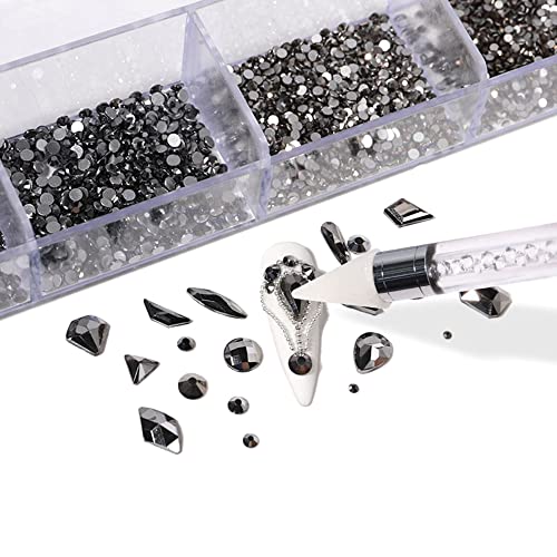 3100Pcs Nail Crystal Rhinestones Kit, Mix Shapes Ab Glass, 3D Diamonds Flatback Crystals, With A Drill Pen, Nail Crystal Non Hotfix, Nail Art Decoration (Mineral Black) #TOP6