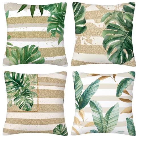Giyuco Rayas Hojas Fundas de Cojines Decorativas Cuadradas de Lino, 55x55cm con Cremallera Oculta para Sofá, Oficina, Silla, Dormitorio, Jardín, Exterior Decoración del Hogar, Juego de 4. H-103