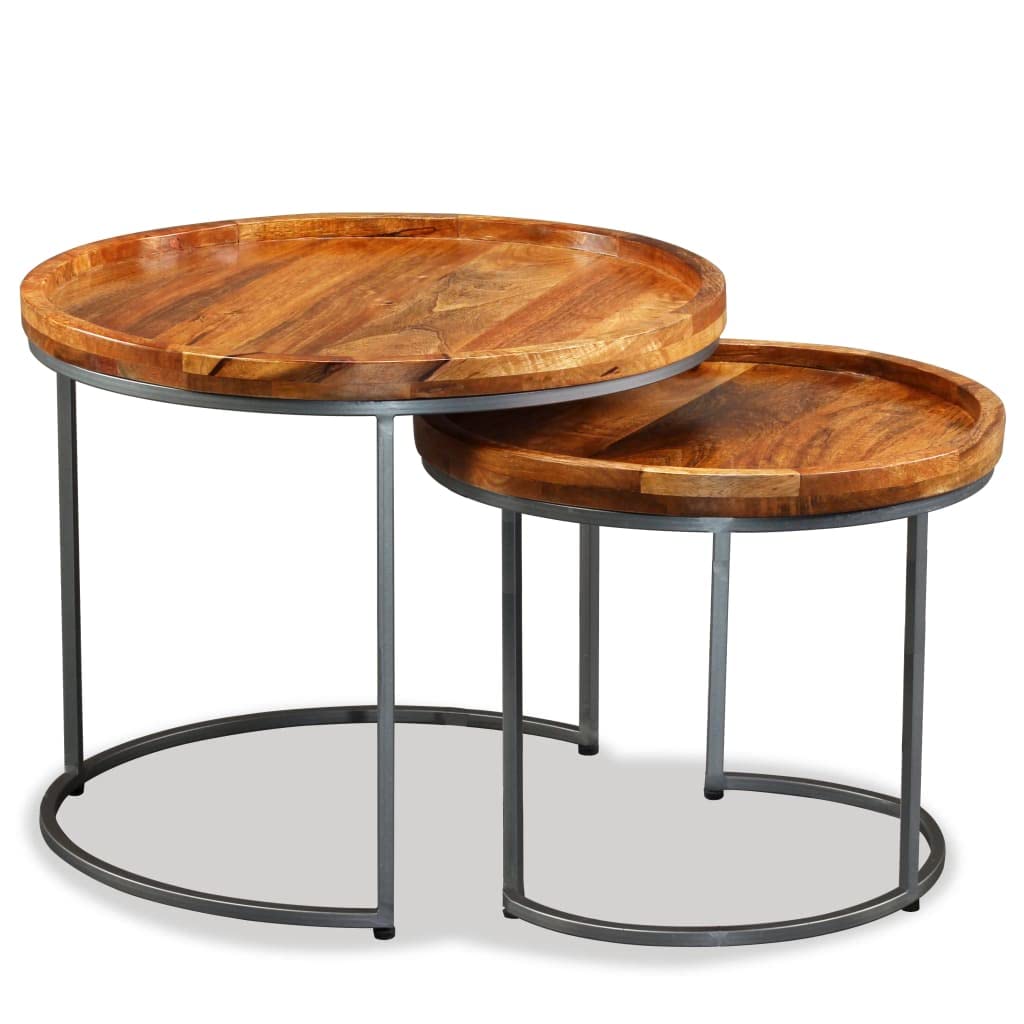 Juego de 2 mesas auxiliares de madera maciza de mango con patas de hierro, 55 x 45 cm y 45 x 38 cm, como mesa de café, mesa de sofá, mesa de almacenamiento en el salón