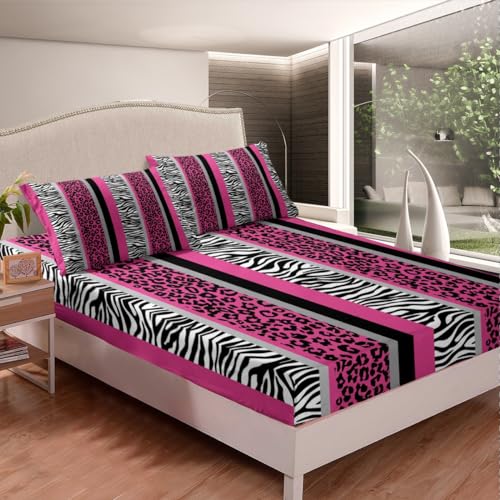 Pink Black White Zebra Bed Sheet Set Double Hot Pink Leopard Bedding Set for Kids Boys Girls Zebra Stripes Fitted Sheet Safari Animal Hair Bed Cover Bed Set 3Pcs (No TOP Sheet) - Image 2
