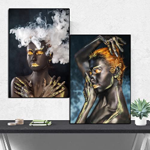 Toile femme noire art africain doré pour salon moderne 40x60