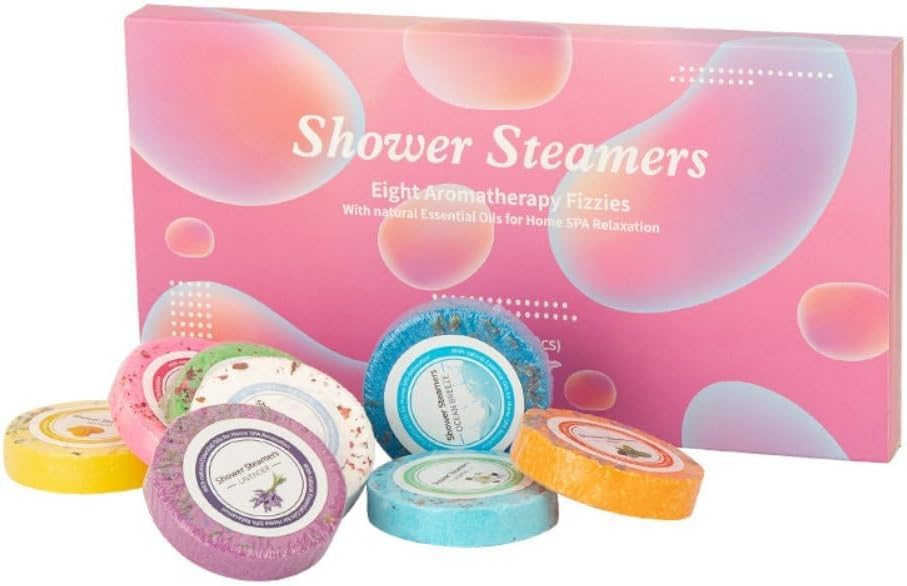 8 Pcs Aromatherapy Shower Steamers Gift Set, Natural Essential Oil Shower Bombs for Relaxation and Stress Relief, Spa Tablets with Mango, Rose, Lavender, Mint Scents, for Women & Men