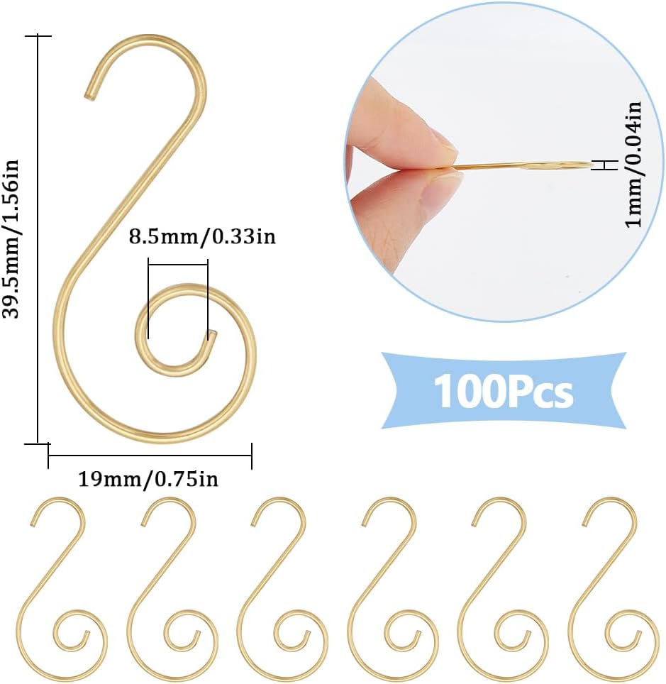 1 Box 100Pcs Christmas Ornament Hooks Gold Chandelier Crystal Wire Hooks Chandelier Replacement Part Metal Hook Pin S Shape Hanger for Christmas Tree Ball Holiday Party Decoration Hanging