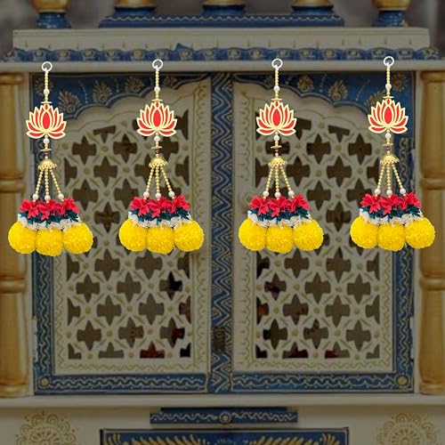 Image of Rajasthan Kraft Handmade Pack of 5 Marigold Hanging with Beads Gajra Bell Bowl Artificial Flower Door & Wall Decor for Makar Sankranti, Lohri, Wedding & Festive Home Decoration 15 x 3 Inch (RK-H150-5)