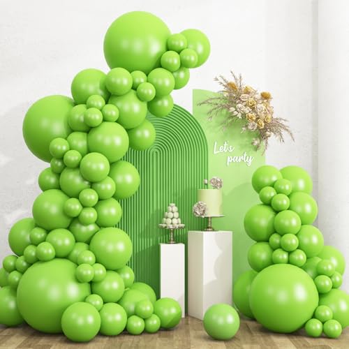 RUBFAC 135pcs Lime Green Balloons Latex Light Fruit Neon Green Balloon Different Sizes 18 12 10 5 Inch for Garland Arch Birthday Baby Shower Dinosaur Jungle Safari Party Decoration