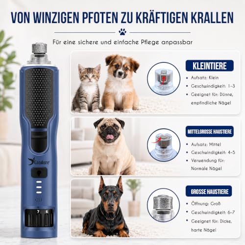Candure Krallenschleifer für Hunde bis zu 7-Gang Hundepfoten Trimmer, Geräuscharmer Wiederaufladbarer Haustier Krallenschleifer mit 360° LED-Lichtern (Marineblau, Für alle Haustiergrößen)
