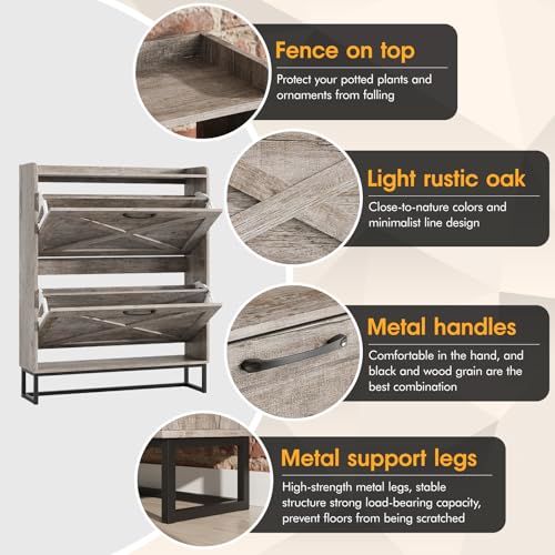 Image of Maupvit Shoe Storage Cabinet with 2 Flip Drawers, Freestanding Organizer with Metal Legs for Entryway, Narrow Shoe Rack Cabinet, Light Rustic Oak