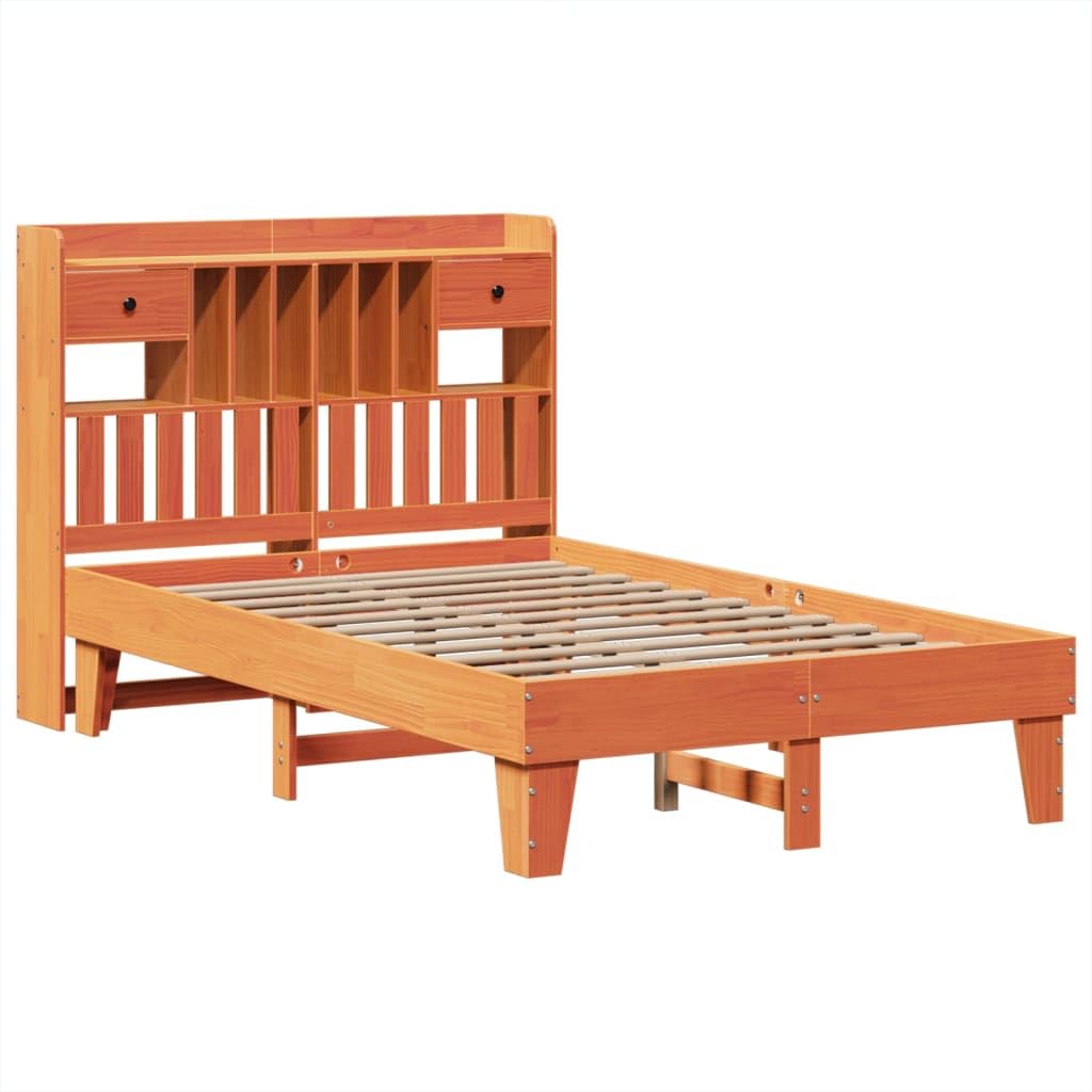 Massivholzbett 135x190 cm, Kiefernholz Wachsbraun, mit Stauraum, Lattenrost, Kopfteil, Bettrahmen für Schlafzimmer Möbel, Platform Bettgestell, stabil