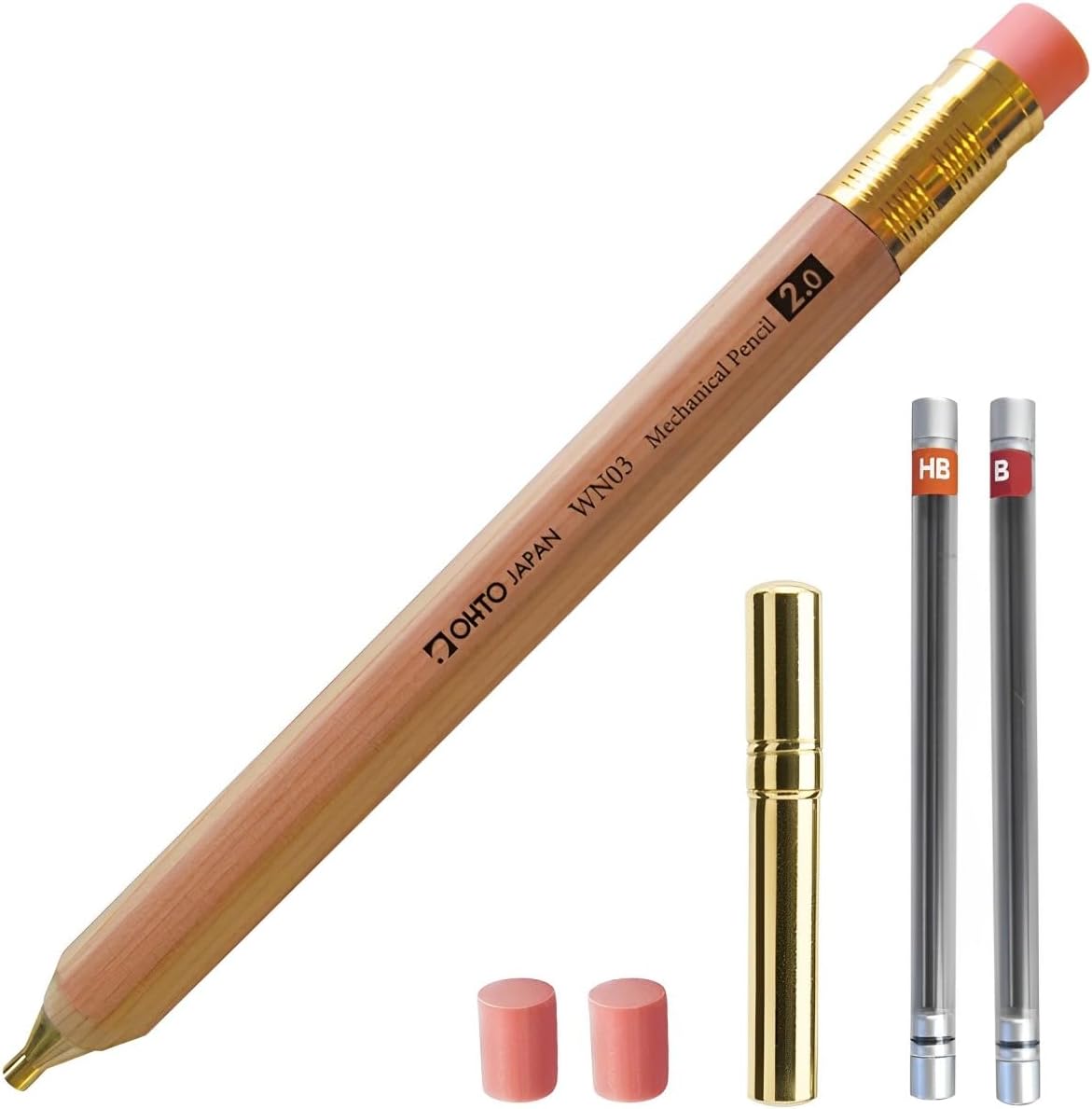 WN03 Wooden Mechanical Pencil Set, 2.0mm Extra Bold, Thick Barrel, Incense Cedar Natural Pencil with Lead Refills (HB, B), Eraser Refills, and Brass Sharpener for Writing, Sketching, Drawing