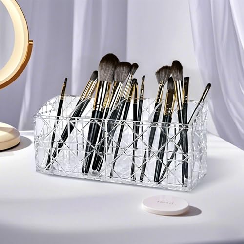 Image of Makeup Brush Holder Makeup Brush Organizer Acrylic -Makeup Brush Holder Clear Cosmetic- Makeup Brush Organizer - Storage Box Large Capacity 4 Slots Container for Brushes (Clear)