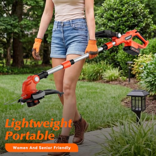 Image of 20V Electric Weed Wacker Cordless Edger Lawn Tool 2 X 2.0Ah Battery Powered Weed Eater and Charger, 12 inch Lightweight String Trimmer, Auto Line Feed Grass Cutter Lawn Mower Small Yard Garden Tangerine