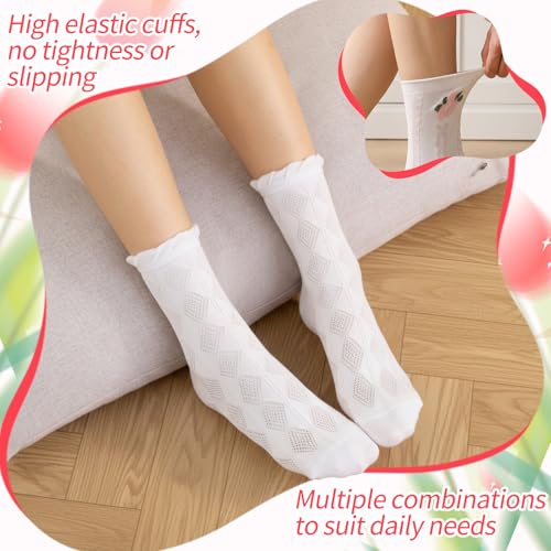 Image of Jspupifip 6 Pairs Lace Ruffle Frilly Crew Socks for Women Girls | Cotton Breathable Cute Princess Ankle Dress Lace Socks Thin Cool Casual Socks