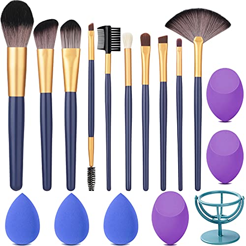 Lunasea Makeup Brushes Set Premium Synthetic Foundation Face Powder Blush Concealers Eyeshadow Brushes Makeup brushes Kits and Beauty Blender Sponge Holder (10+6pcs)