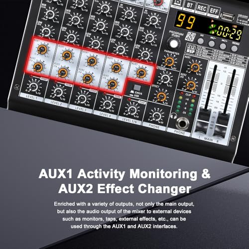 BOMGE Professioneller Audio-Mixer, 6-K-Mischpult mit 99 DSP-Effekt, +48 V Phantom, Bluetooth, USB-Schnittstelle. 2 AUX.FX-Prozessor für Studioaufnahmen und Live-Auftritte
