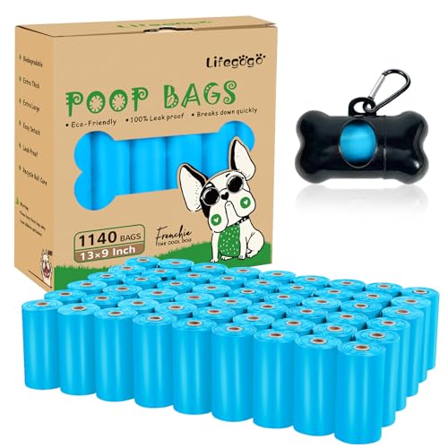 Sacchetti per escrementi per cani, 1140 pezzi, 57 rotoli, non profumati, a prova di perdite, sacchetti per cani extra spessi e resistenti, con dispenser, blu (33 x 22 cm)