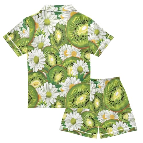 ALAZA Kiwi Fruit Daisy Flower Green Pajamas Satin Pajama Set Short Sleeve Button Down Sleepwear2