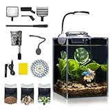Desktop Small Aquarium Set Glass Fish Tank 1.25 Gallon, Heater Self Cleaning Filter Bright LED Light Gravel Cleaning Tool, Starter Kit Small Space Easy Setup Space-Saving Design Betta Shrimp
