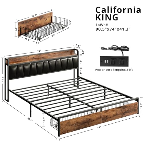 Image of LIKIMIO California King Size Bed Frame with 2 Drawers and Charging Station | Platform Bed with Upholstered Storage Headboard, No Box Spring Needed, Easy Assembly, Sturdy, Vintage Brown and Black