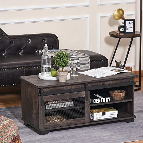 Homcom Farmhouse Coffee Table With Sliding Mesh Barn Door, Storage Cabinet, And Adjustable Shelves For Living Room, Dark Brown #TOP5