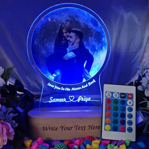 Image of Personalized UV Printed Photo 3D Illusion LED Table Lamp for Couple Gift for Anniversary, Wedding, Marriage, Valentine Day- Your Wooden Base Text Egraved, Multicolor Light- 22CM