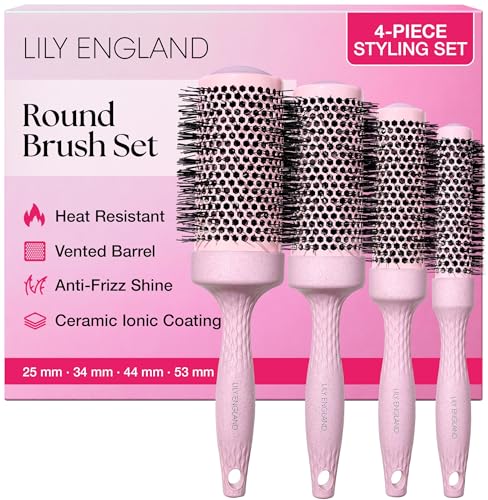 Lily England Round Brush Set for Women - Perfect for Voluminous Blowouts - Ceramic Ionic Technology - Pink Luxury Hair Brush Gift Sets for Women