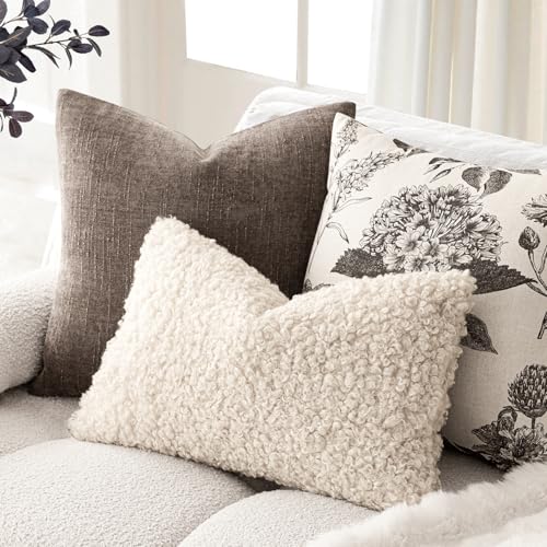 Image of Foindtower Set of 2 Curly Teddy Wool Pillow Covers Decorative Boucle Textured Lumbar Throw Pillow Faux Fur Sherpa Pillowcases Sheepskin Fuzzy Cushion Case for Sofa Bedroom Car 12 inchx20 inch Cream Beige
