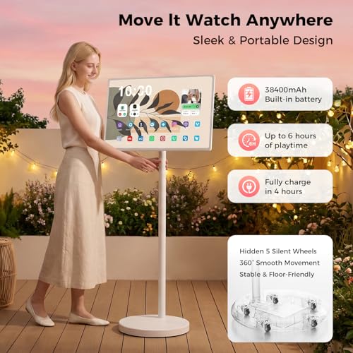 Image of 32 Inch Smart Portable TV, FHD Touch Screen Rolling Monitor on Wheels, Android 15 8GB +128GB, Wireless Tablet Display with Camera, 20W Speaker, EDLA-Certified 38,400 mAh Battery Voice Airmouse Remote