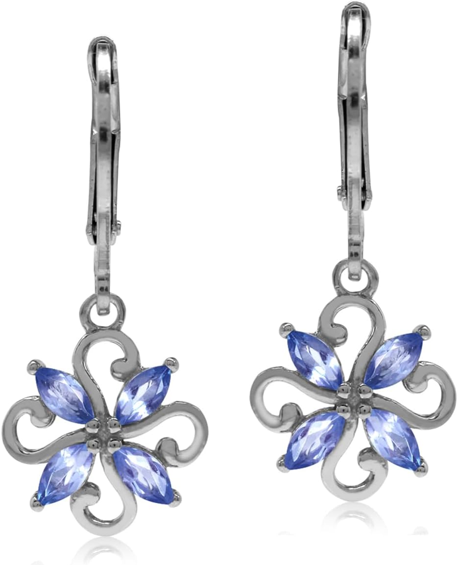 Silvershake Marquise Shape Gemstone White Gold Plated or Yellow Gold Plated 925 Sterling Silver Flower Victorian Style Leverback Dangle Earrings Jewelry for Wo