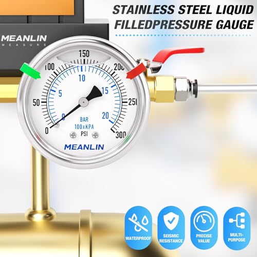 MEANLIN MEASURE 0~300Psi Liquid Filled Pressure Gauge Stainless Steel 1/4" NPT 2" FACE DIAL for Air Compressor Air Regulator Water Filter Center Back Mount, with Hex Bushing and 2PCS Snaps