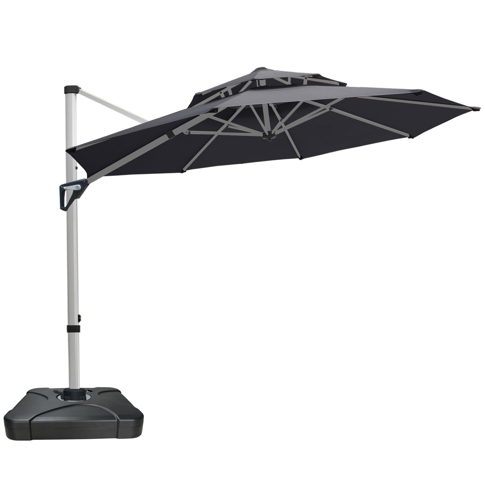 RANSENERS Ampelschirm 300 cm mit Schirmständer, Doppelter Baldachin, Drehbar 360°, Neigbar 0°-90°, Aluminium Rahmen, Extra-Dicker Gewebe, UV50+, für Garten, Terrasse, Cafe im Freien (Grau)