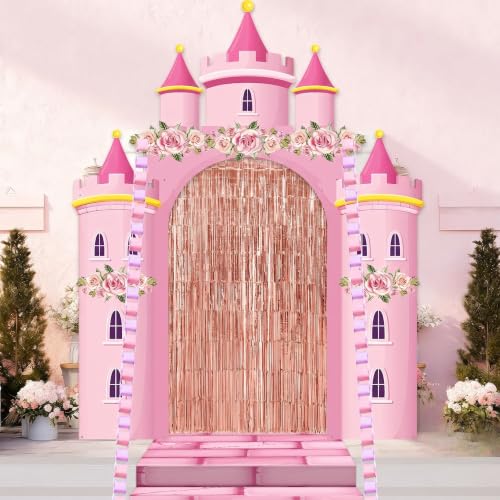 3D Princess Castle Photo Door Banner Pink Castle Party Decorations Princess Themed Birthday Hanging Backdrop with Paper Chains Fringe Curtain Pink Photo Booth Props for Girls Birthday Baby Shower