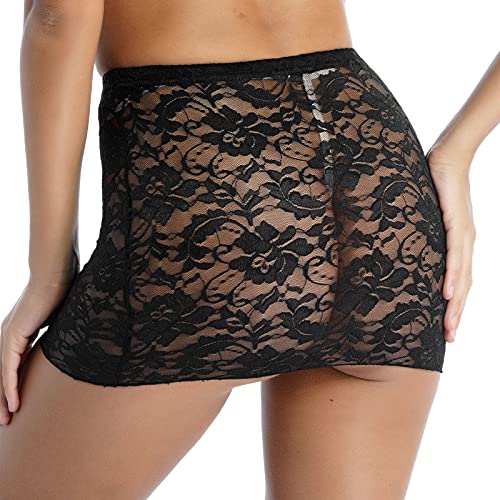 Women's Flower Pattern Mid Waist Elastic Waistband Sheer Lace Skirts Bodycon Mini Skirts4
