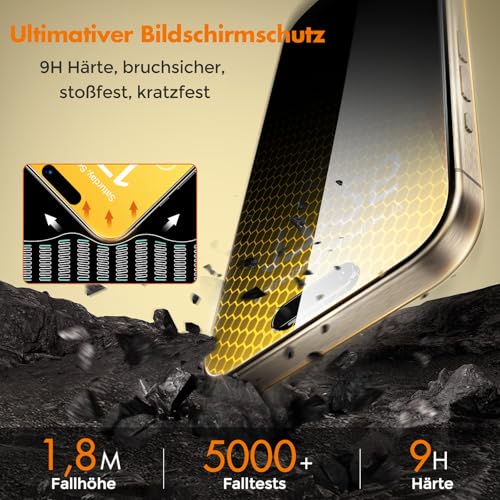 UNBREAKcable Panzer Sichtschutz Glas für iPhone 15 Pro [2 Stück], Blickschutzfolie für iPhone 15 Pro 6,1 Zoll, Anti-Spähen Privatsphäre Schutzglas, Kratzfest, Anti-Fingerprint und blasenfrei 4