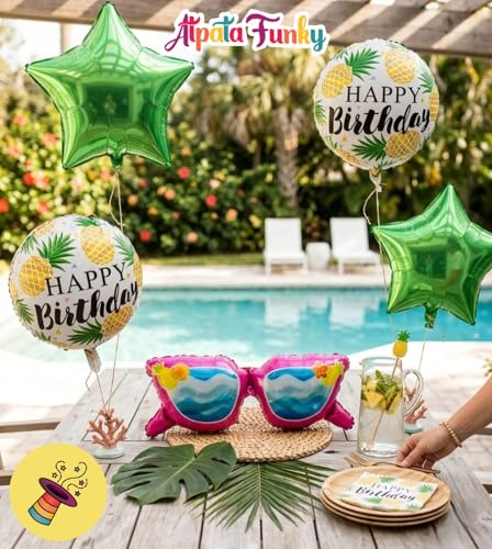 Image of Atpata Funky Pink Beach Goggle Foil Balloon with Pineapple Happy Birthday Balloons for Beach Theme Birthday, Pool Party, Summer, Tropical Aloha Luau Fruits Theme Decorations