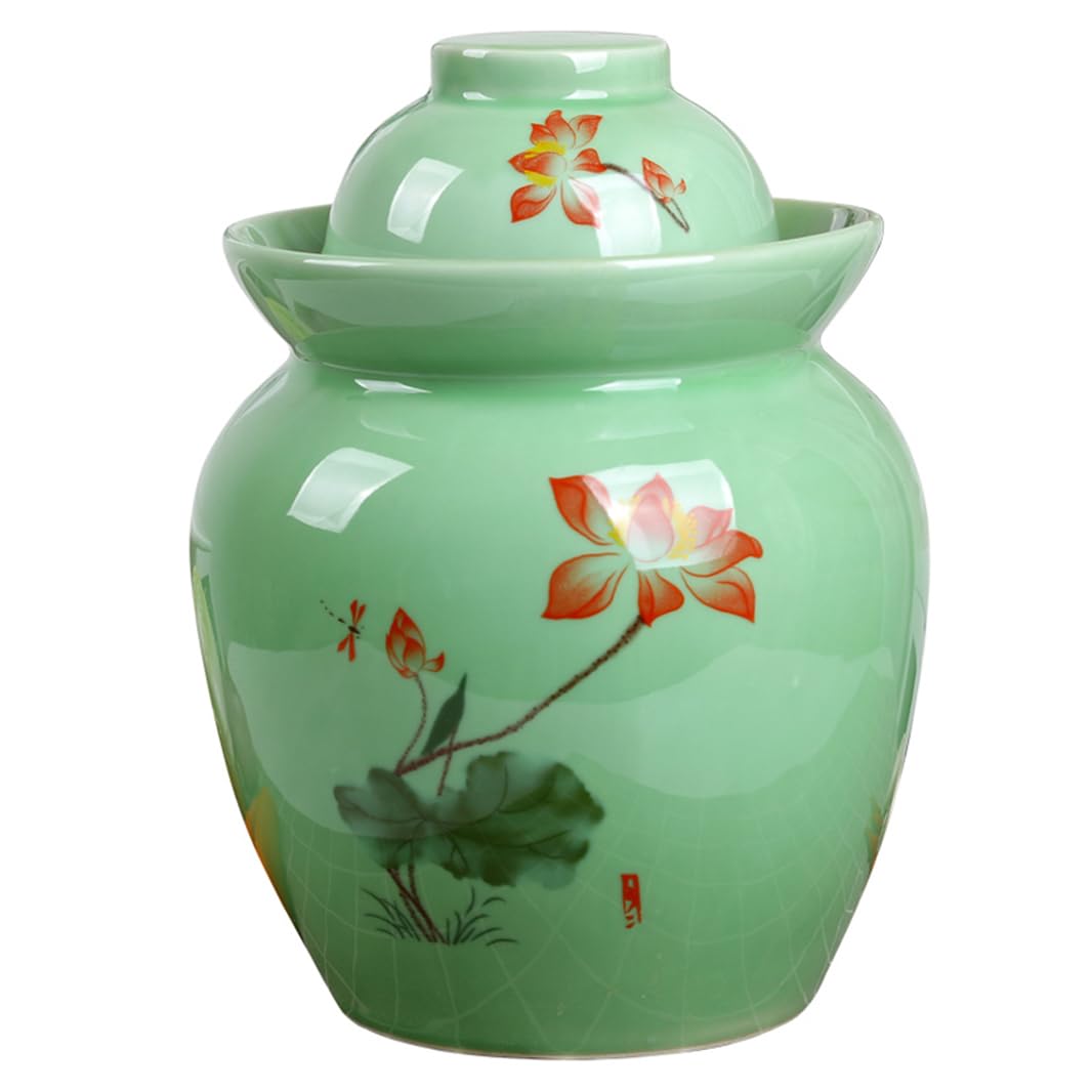 Duży ceramiczny słoik na marynaty z pokrywkami, zielony tradycyjny porcelanowy słoik do marynowania, ceramiczny garnek fermentacyjny z uszczelką wodną pokrywką śluzy powietrznej, garnek z