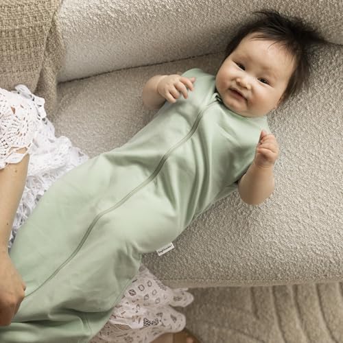 Image of Tiny Twinkle Baby Sleep Sack 0-3 Months 1.0 TOG, Cotton & Elastane Wearable Blanket, Swaddle Transition Micro-Fleece, Machine Washable (Sage)