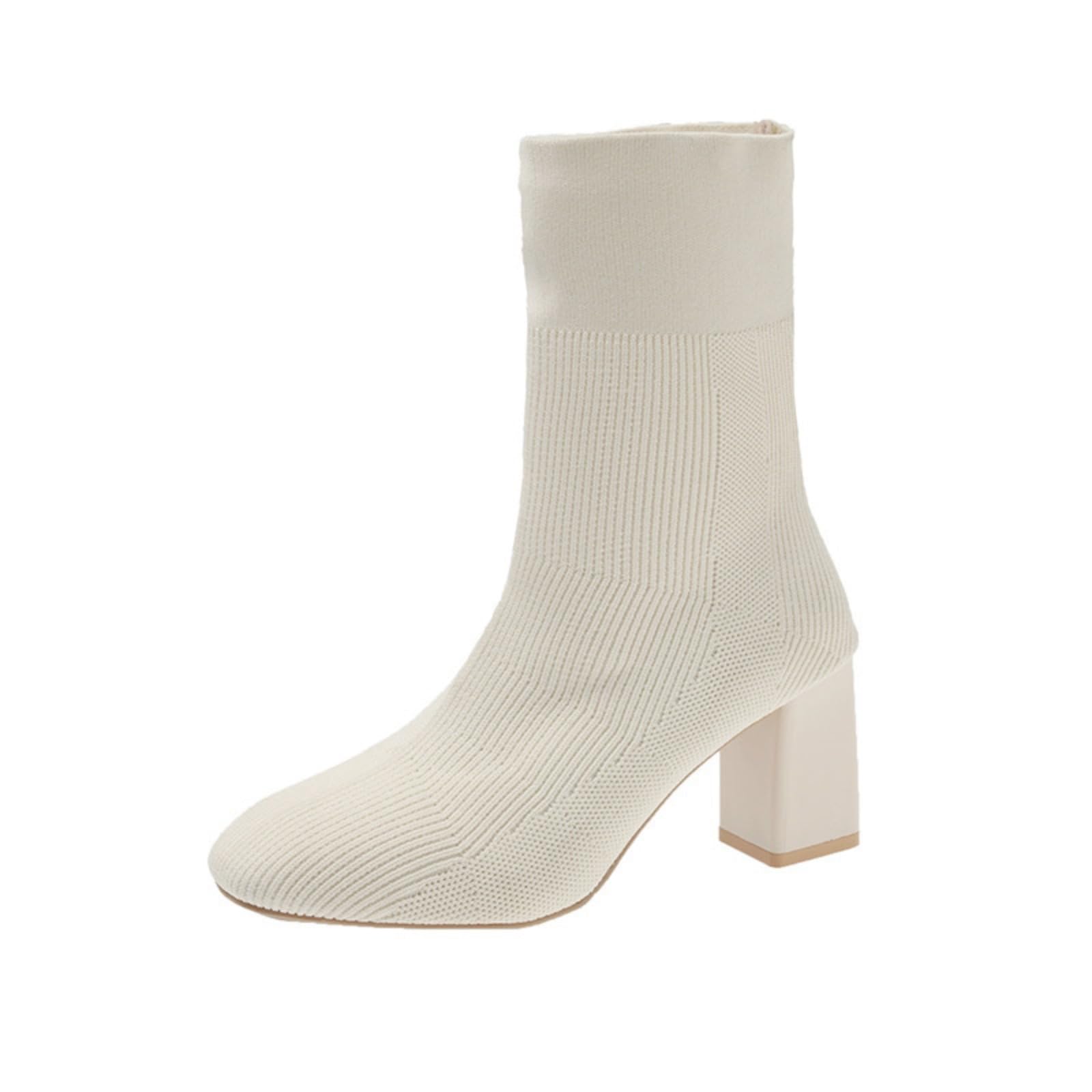 Womens Stretch Knit Ankle Boots Block Heel Square Toe Pull On Booties Fashion Casual Shoes Beige 8 5