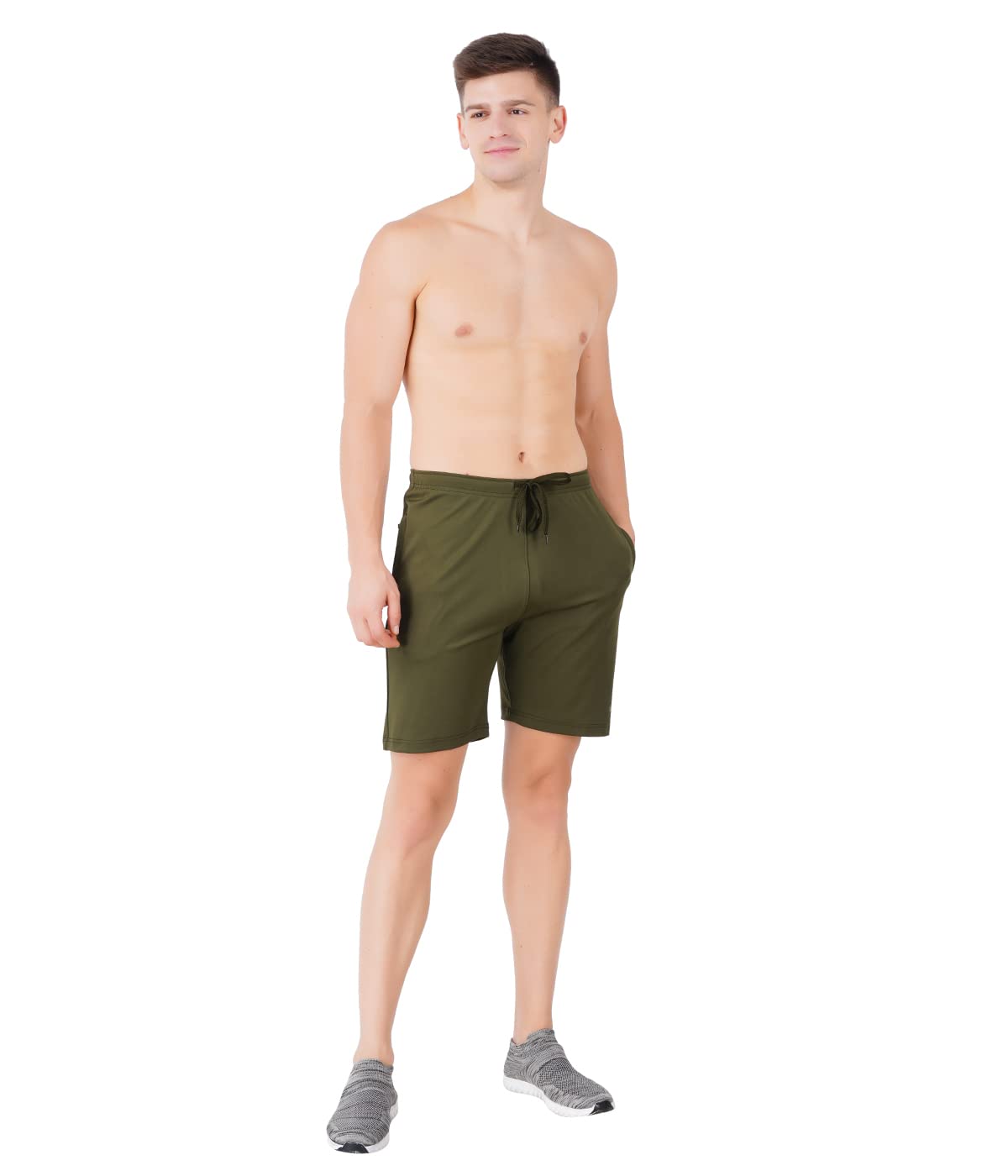 VEGO 4 Way Lycra Dry fit Shorts for Men, Four Way Lycra Half Pant for Men Olive Green 3