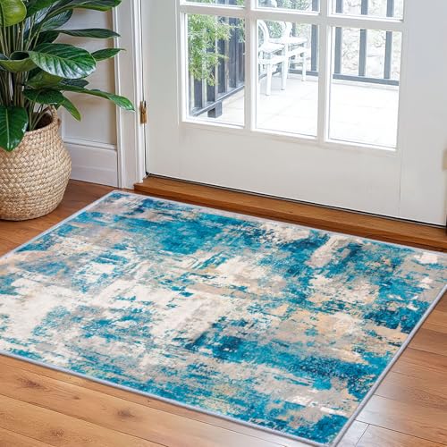 KOZYFLY Small Area Rug 2x3 Rug Entryway Rugs Indoor Non-Slip Modern Abstract Machine Washable Rug, Kitchen Mats for Floor Front Door Rug Low Pile Small Carpet Floor Mats, Turquoise/Beige/Grey/Yellow