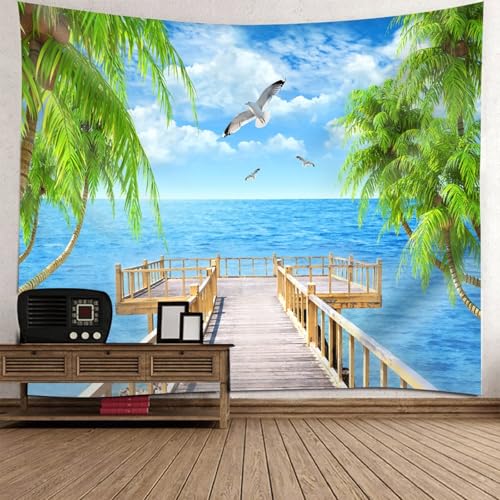 Tapisserie murale paysage mer et pont en bois déco salon 150x150