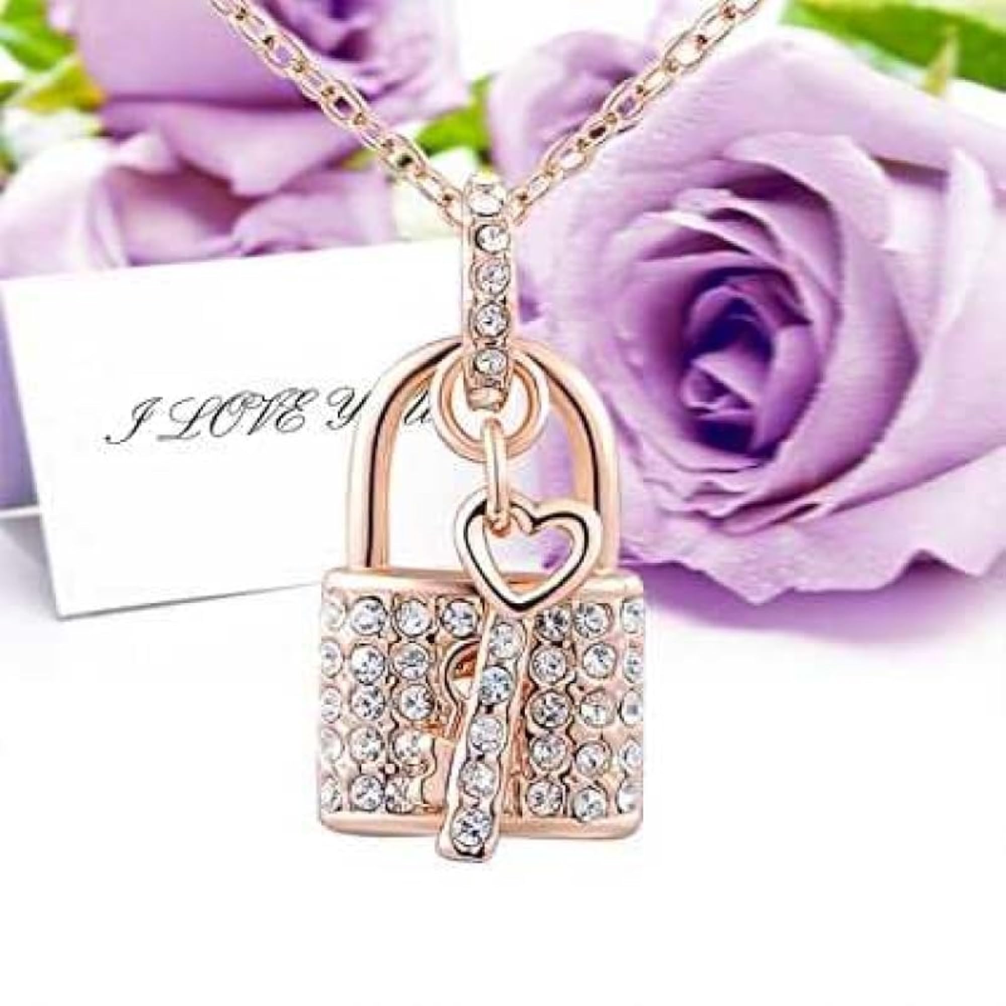Lock and Key Pendant Crystal Necklace, Couples Gift