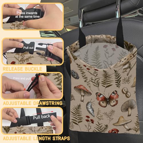 Image of Retro Mushrooms Car Trash Bag,Nature Woodland Strap Drawstring Car Garbage Bags,Car Back Seat Organizer with Adjustable Buckle for Car Accessories