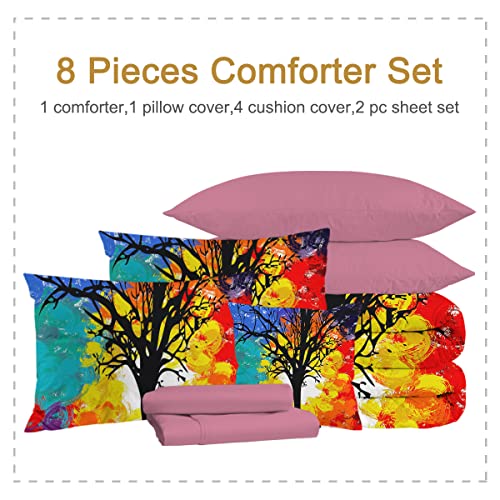 Bedmust Color Block Tree Comforter Set Queen Size 8 Pieces, Lightweight Breathable Plant Painting Pattern Bedding Sets For Kids Girls Boys Bedroom, Soft Microfiber Bedding Set For All Season #TOP2