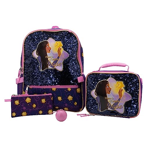 AI ACCESSORY INNOVATIONS Conjunto de mochila Disney Wish 40,6 cm para meninas com 5 peças – Inclui lancheira removível e estojo de lápis, roxo, médio, Roxa, Medium, Disney Wish Conjunto de mochila com
