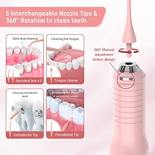 Sejoy Munddusche Kabellos Elektrische, Water Flosser Zahndusche IPX7 Wasserdicht 270ML Tragbar Oral Irrigator USB Aufladen Zahnreiniger Reisemunddusche für Zuhause Büro, mit 5 Modi und 5 Düsen, Rosa – Bild 4