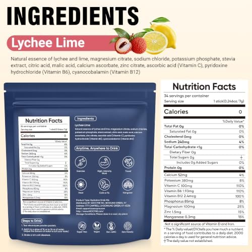 Electrolytes Powder Packets Sugar Free, 34 Sticks Hydration Packets Liquid Daily IV Electrolyte Drink Mixes with Potassium & Magnesium, Rapid Rehydration, Zero Sugar, Lychee Lime — 사진 2