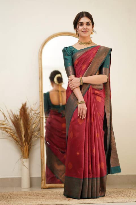Image of Flosive Elegant Red Banarasi Saree with Gold Zari Border & Classic Design