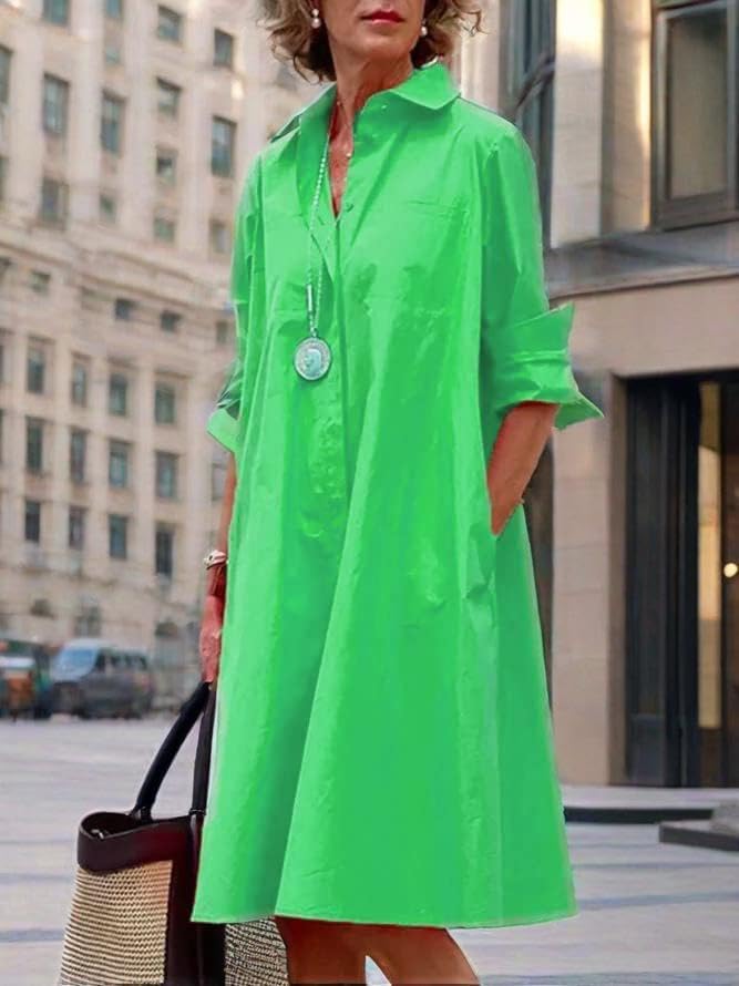 Womens 2025 Long Sleeve Button Down Shirt Summer Dress Casual V Neck Loose Fit Midi Shirt Dresses with Pockets - Image 4