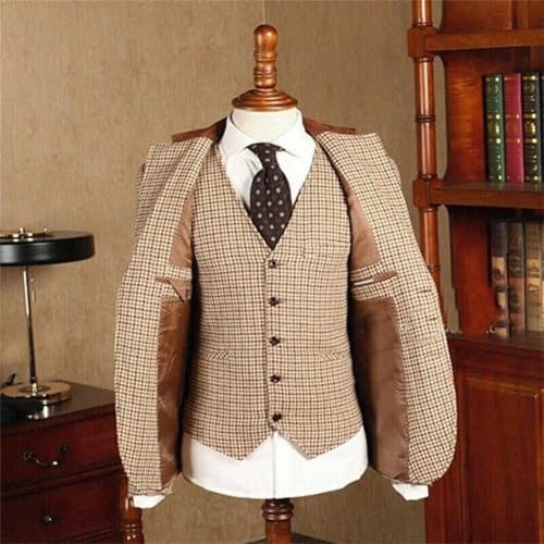 Retro 3 Piece Brown Tweed Herringbone Wedding Suits Regular Fit Blazer Vest Pants Set for Prom Dinner Business4