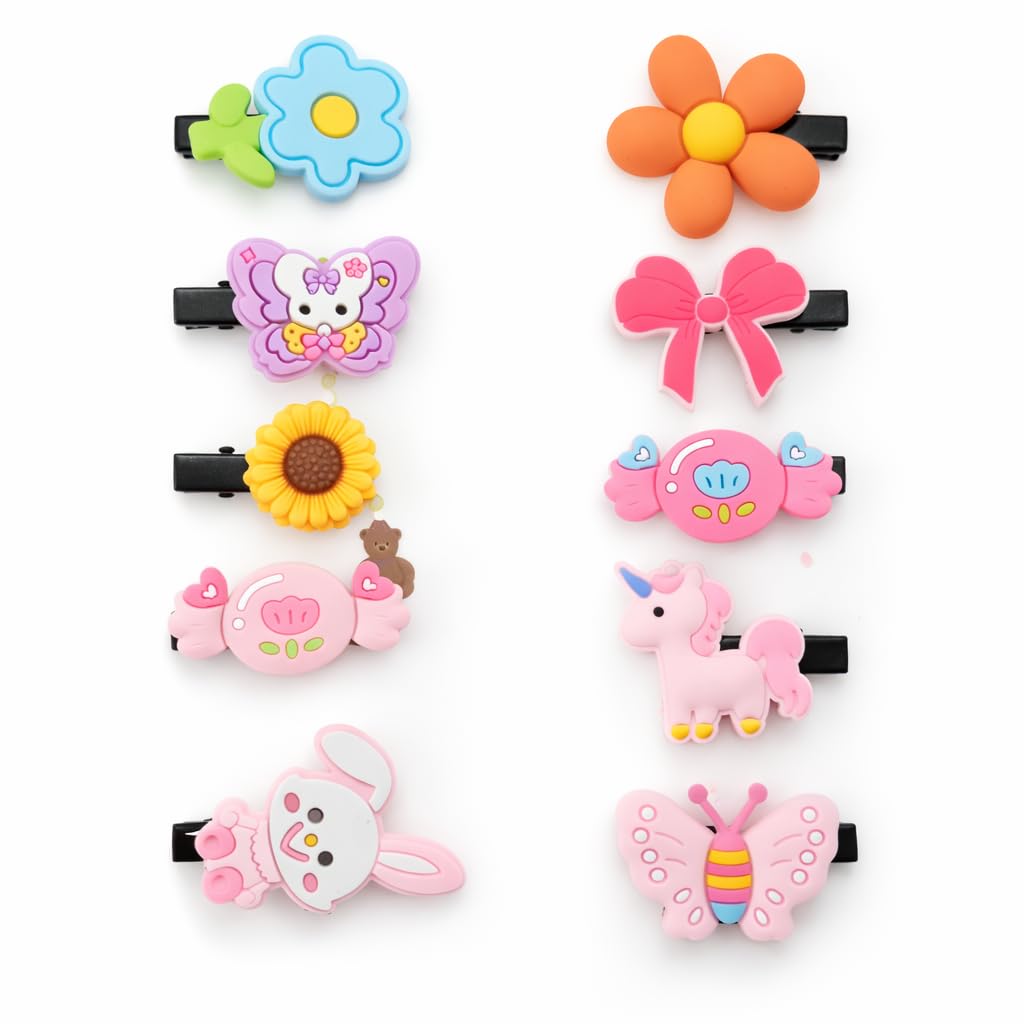 10 Clips | Cute Flower, Butterfly & Unicorn Design Hair Clips for Baby Girls | Soft Hair Accessories for Toddlers & Kids